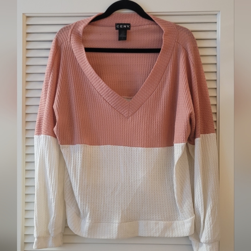 CENY- Pink & White Pullover Long-Sleeve Oversized V-Neck Loose-Fit Top
